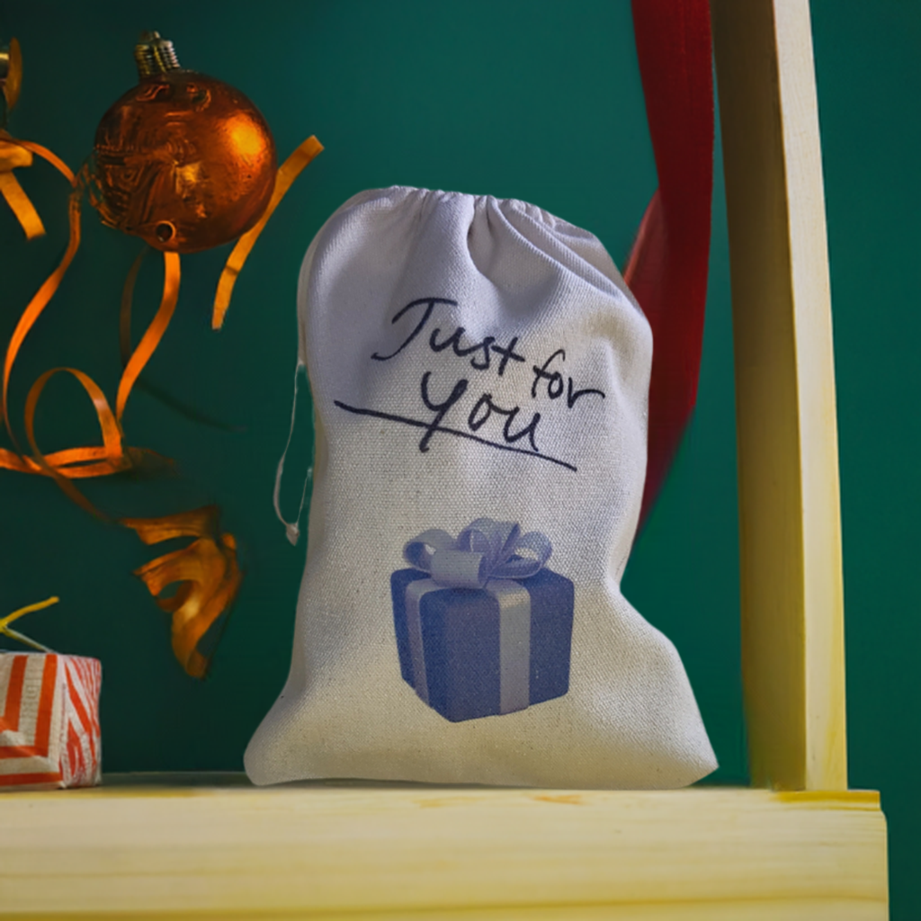 Blue present "Just for you" printed reusable drawstring small gift bag. Perfect gift bag for any small present.