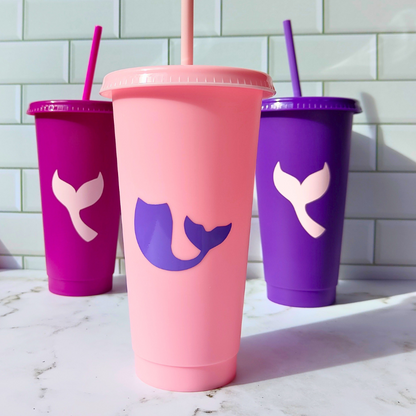 Reusable mermaid cups for girls. Pink and purple designed mermaid tail cold cups.