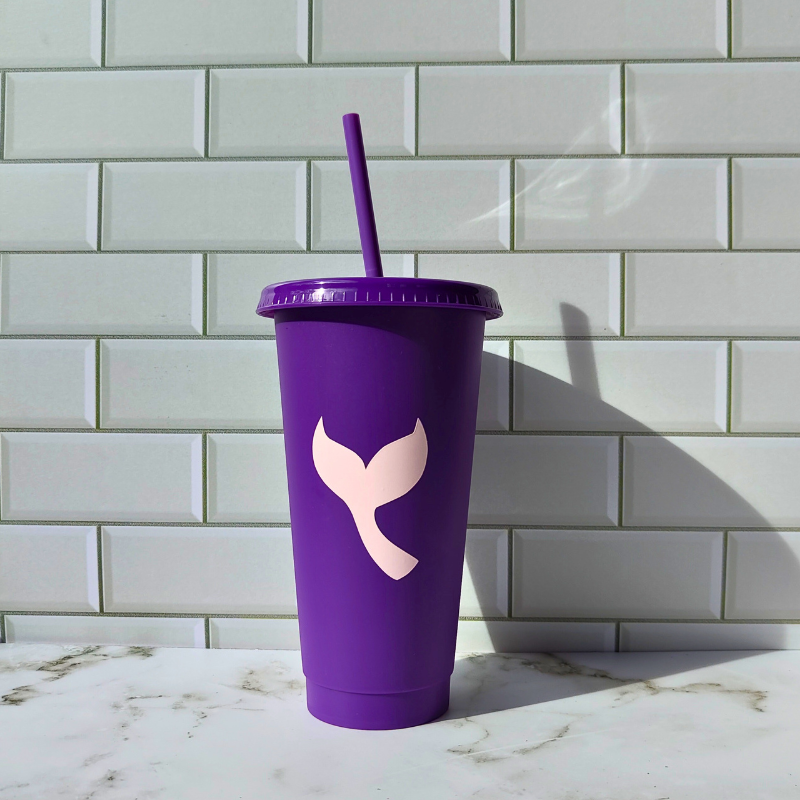 Kids reusable plastic straw tumbler with purple and pink mermaid design.