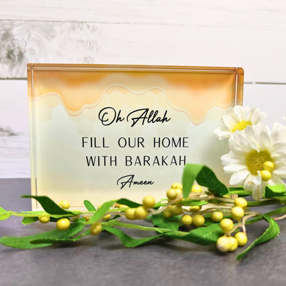 Islamic home reminders - solid glass crystal self standing block with honey and Barakah design.