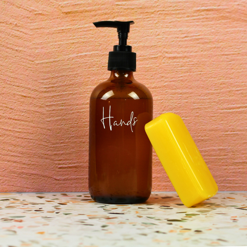 Sustainable 250ml Amber Glass Refillable Bottle For Hand Soap with natural bar Sunshine soap