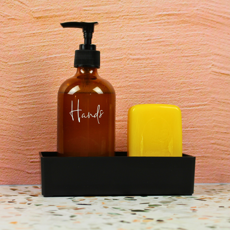 Sustainable 250ml Amber Glass Refillable Bottle For Hand Soap, displayed with natural bar soap