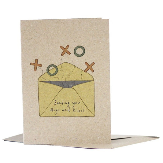 Environmentally Conscious Greeting Cards: Hand-Illustrated and Printed on 100% Recycled Materials. Sending You Hugs and Kisses design.