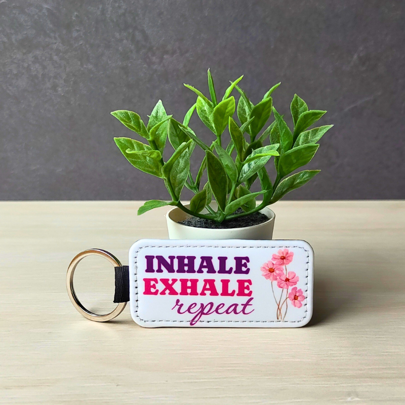 Inhale, Exhale, Repeat. Affirmation keyring made of PU vegan leather.
