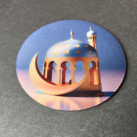 Blue Islamic Mosque and Crescent moon printed non-slip drink coaster.