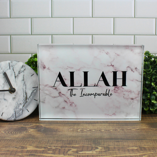 Allah the Incomparable large solid glass block. Modern Islamic Home Decor.