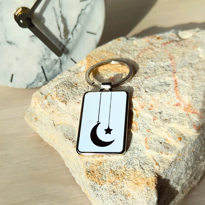 Metal keyring with simple Hanging moon and star keyring - subtle modern Islamic design.