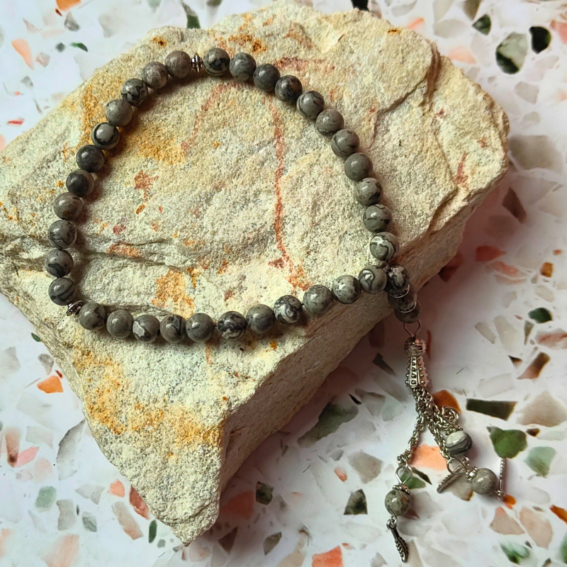 33 Look grey stone-look prayer beads. Islamic Tasbih prayer beads with metal tassel.