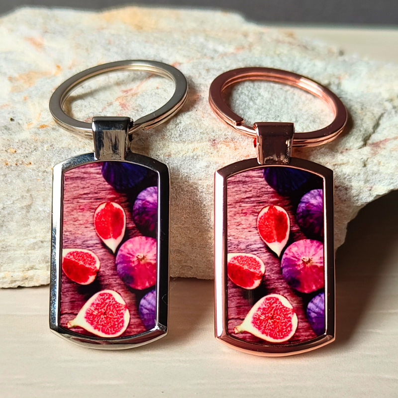 Silver or rose gold look keyrings with figs design.