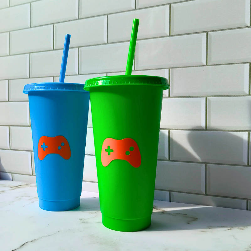 Kids reusable starbucks cold cups with gaming designs.