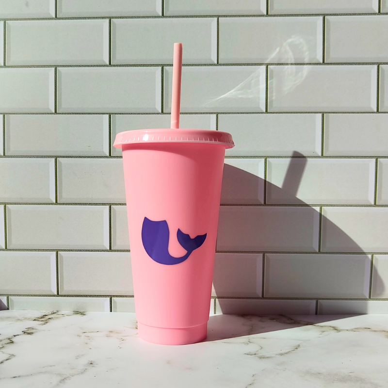 Kids reusable plastic cup with lid and straw - cute pink and purple mermaid design.