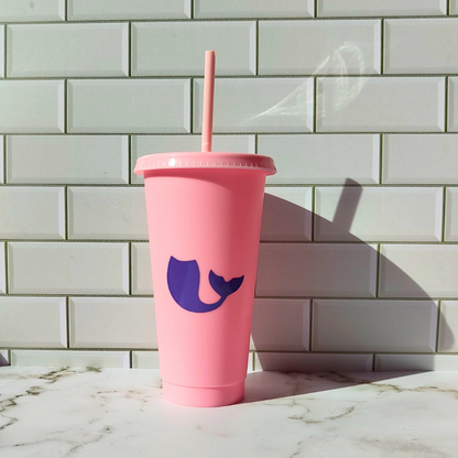Kids reusable plastic cup with lid and straw - cute pink and purple mermaid design.