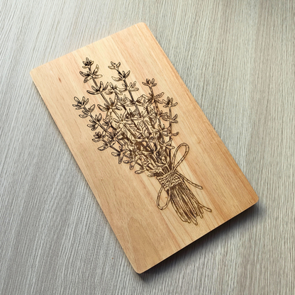 Laser engraved thyme bunch multi-use versatile kitchen board.
