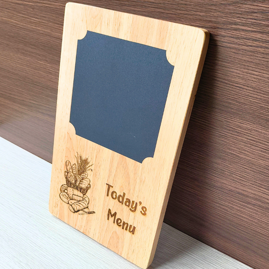 Kitchen meu blackboard with bread basket engraved design and kitchen measurements conversion.