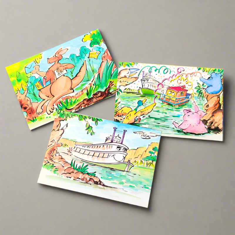 Little Mud, Murray River Princess and Blue The Postman Blank Greeting Cards by Jo Nitschke.