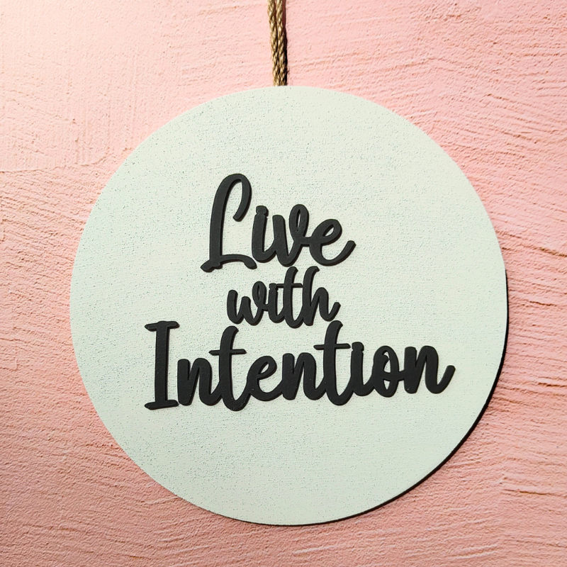 Live with intention stone finish plywood hanging decor sign. Islamic modern home decor in Australia.