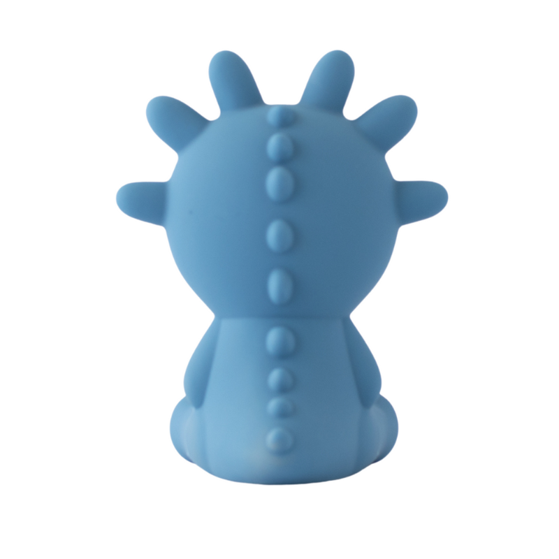 Mibblers Silicone Teether - 100% Latex-Free, Safe, and Adorable Teething Toy. Back of Blue Mibbler on white background.