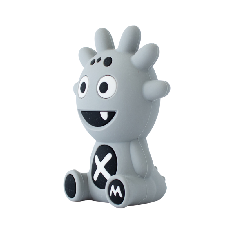 Mibblers Silicone Teether - 100% Latex-Free, Safe, and Adorable Teething Toy. Side of Grey Mibbler on white background.