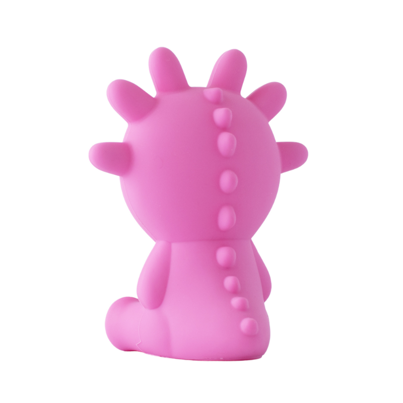Mibblers Silicone Teether - 100% Latex-Free, Safe, and Adorable Teething Toy. Back of Pink Mibbler on white background.
