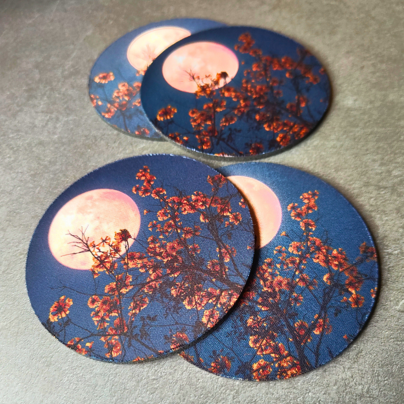 Non-slip drink coasters with full moon print.