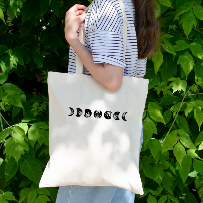 Moon phases reusable shopping tote bag. Easy to wash!