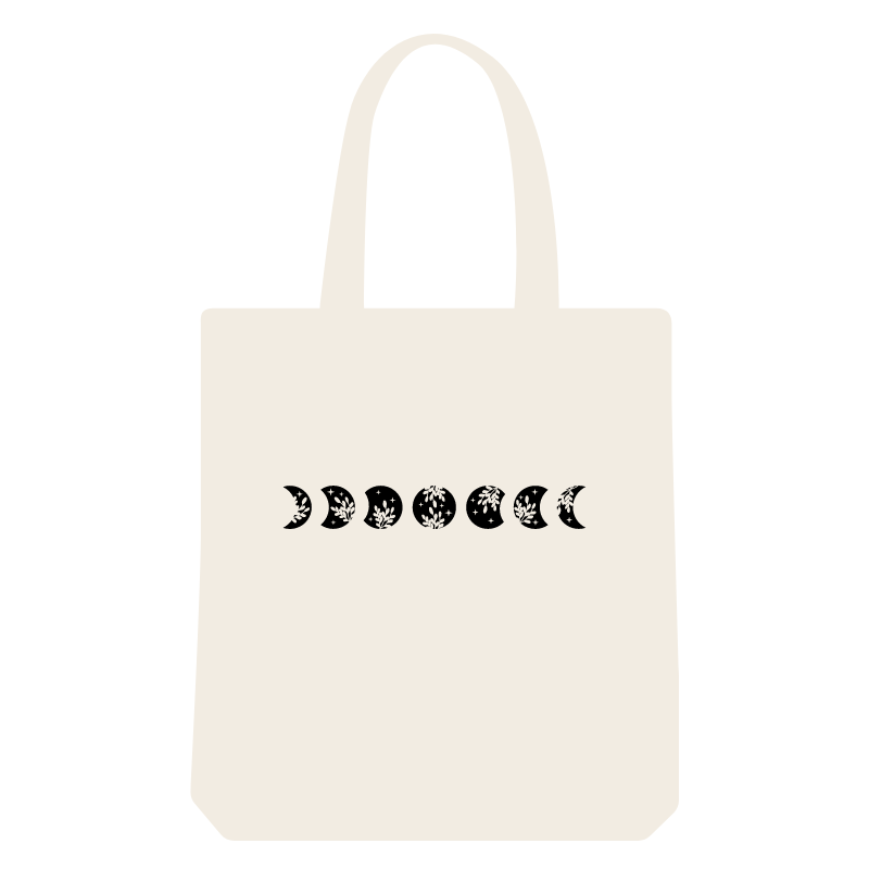 Reusable shopping tote bag with floral black moon phases print. Eco-friendly and sustainable bag.
