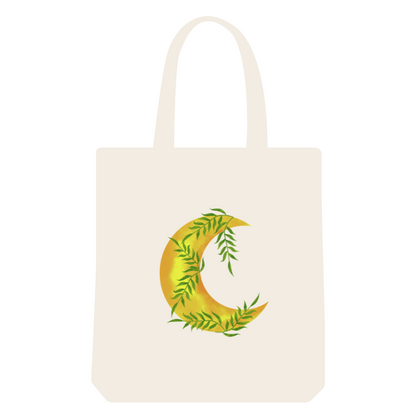 New crescent moon with green vine printed tote bag.