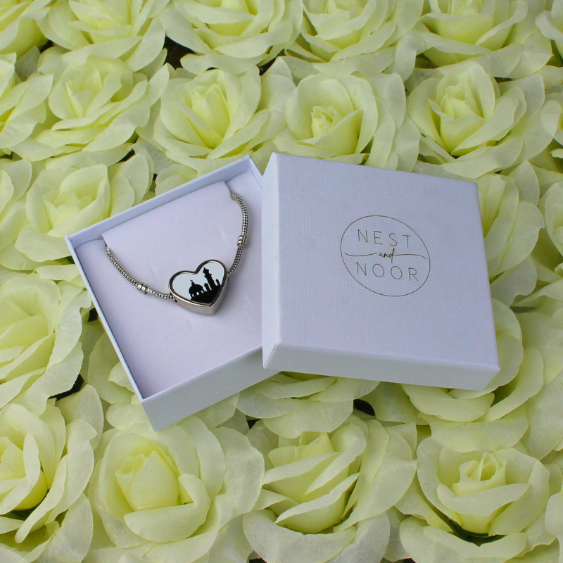 Mosque charm bracelet in white gift box.