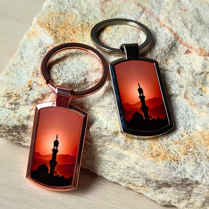 Rose gold or silver finish Mosque tower at sunset metal keyrings.