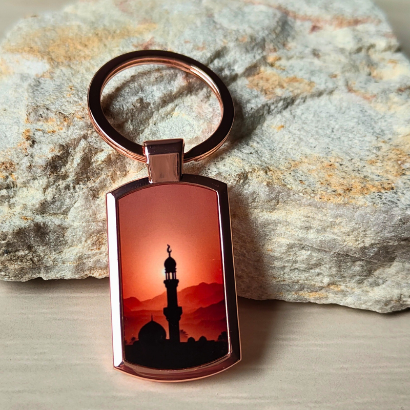 Rose gold finish mosque tower keyring.