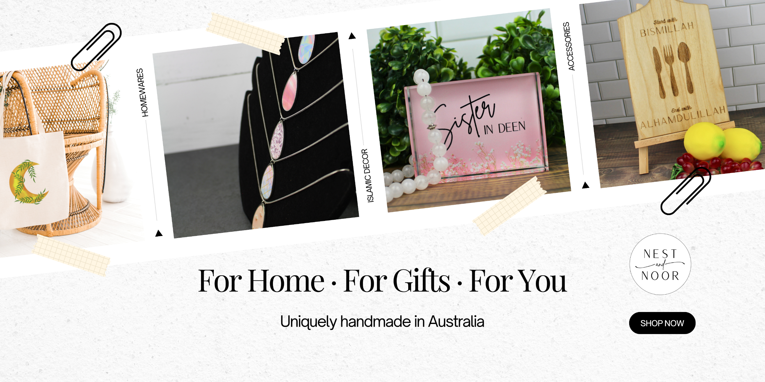 Collage of handmade products with text 'For Home, For Gifts, For You' and 'Uniquely handmade in Australia'.