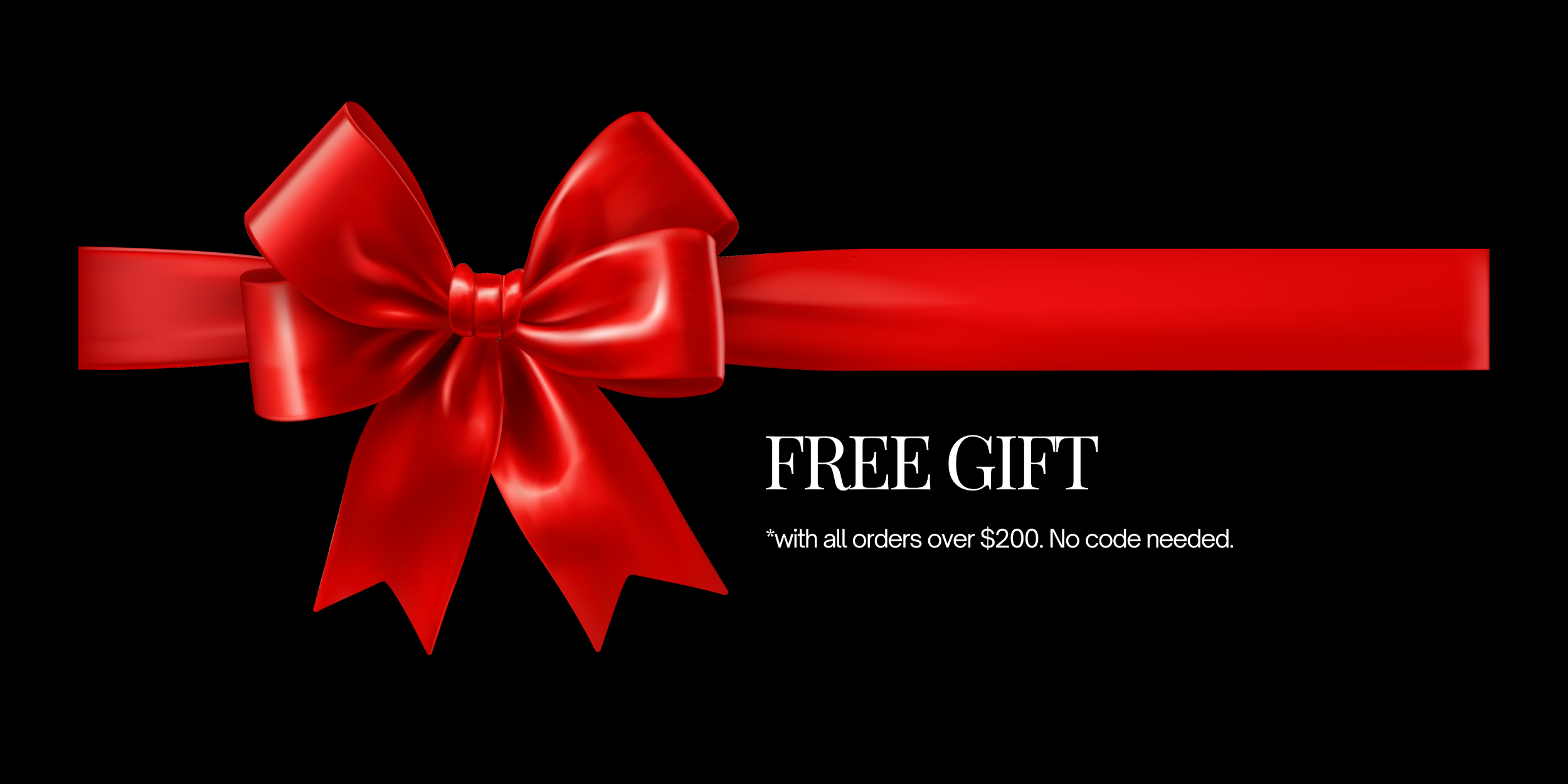 Red ribbon with a bow on a black background with text about a free gift offer for shopping on Nest and Noor.