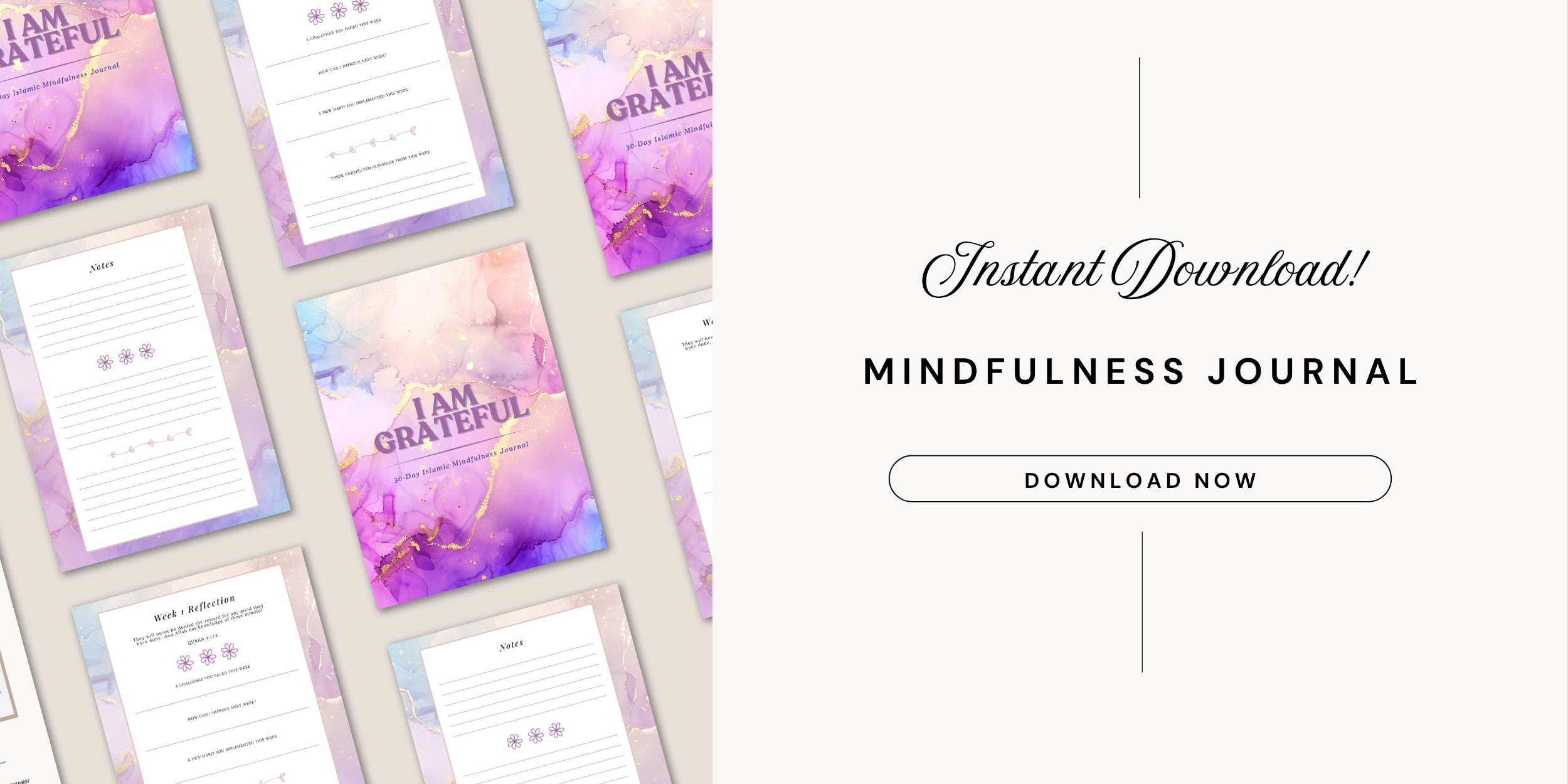 Mindfulness journal pages with 'I am grateful' text on a white background