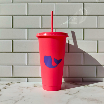 Orange and purple mermaid reusable cup with lid and straw.