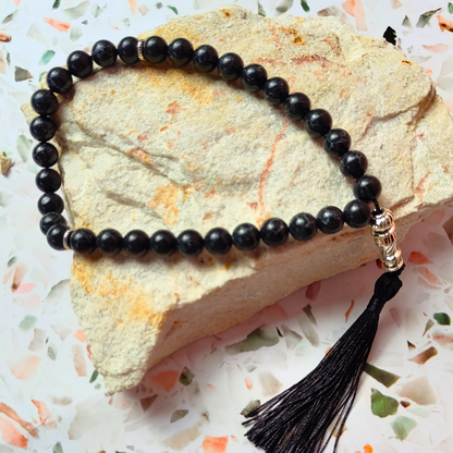 Islamic prayer beads, 33 beads in black stone-look with black  cotton tassel.