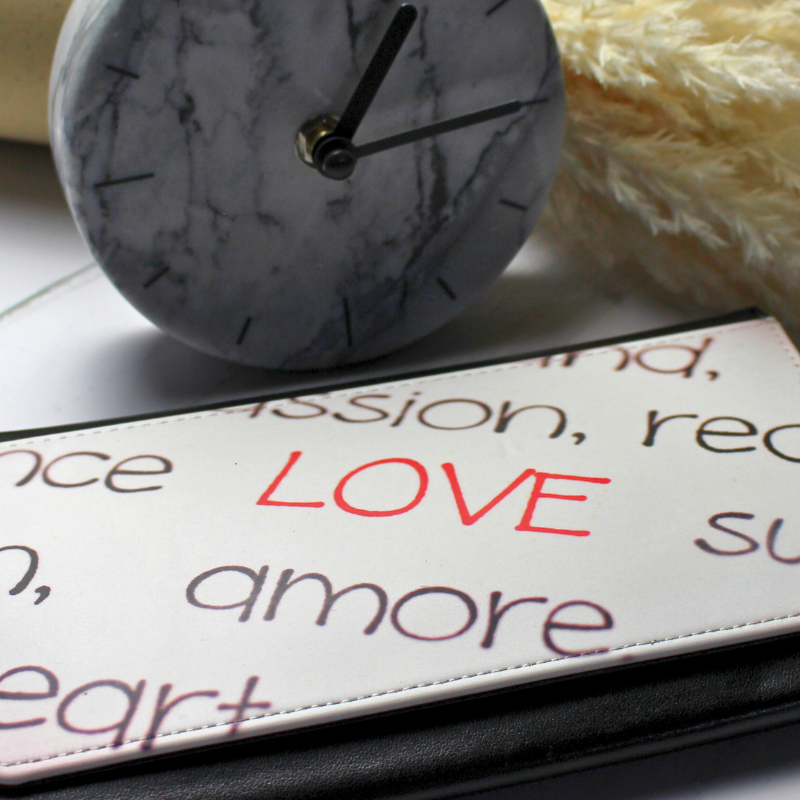 Vegan Leather Purse with love, amore and heart print with clock and leaf background