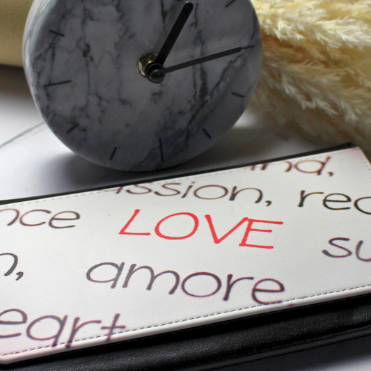 Vegan Leather Purse with love, amore and heart print with clock and leaf background