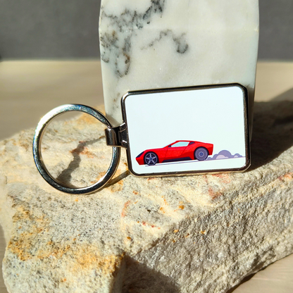 Cartoon racecar printed metal keyring