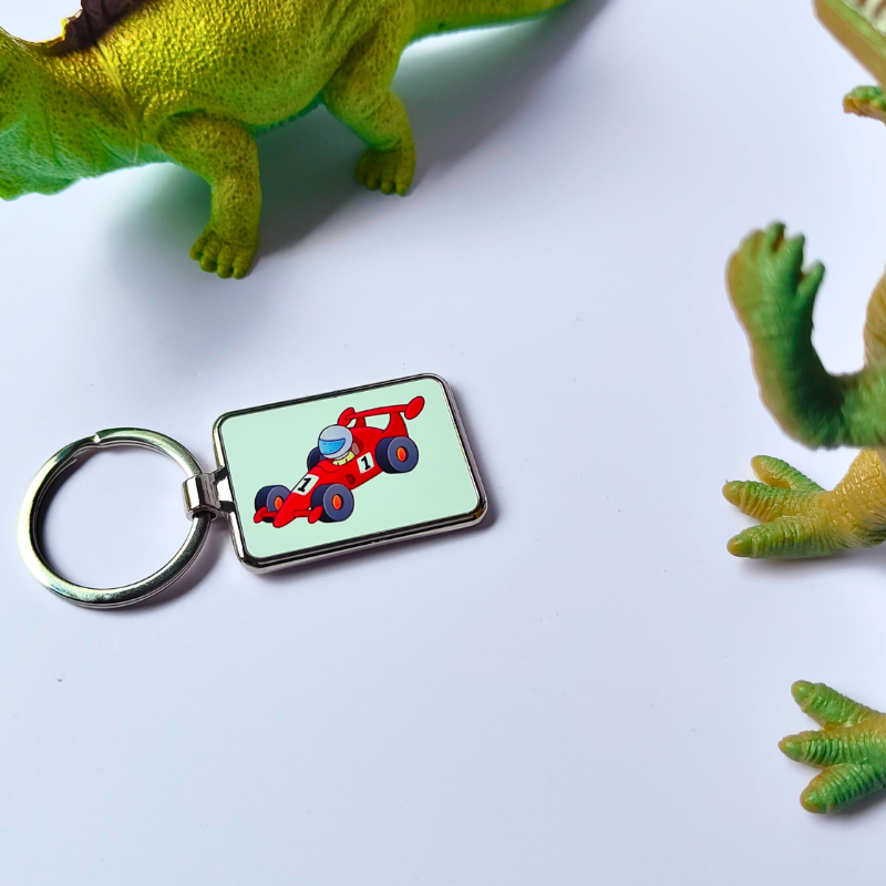 Cute cartoon racing kart printed metal rectangle keyring.