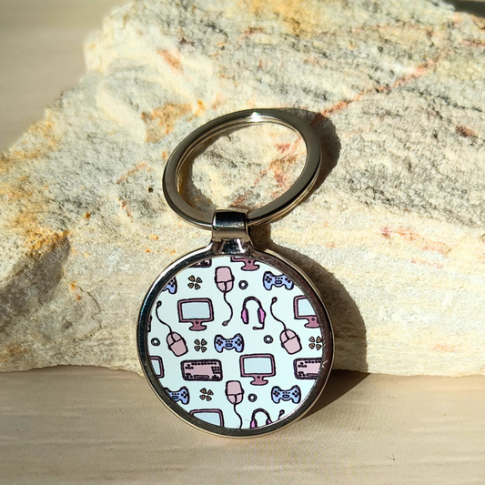 White retro gaming printed round metal keyring.