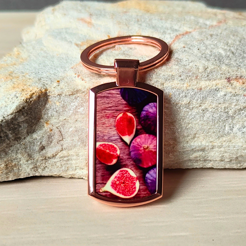 Keyring with rose gold finish and figs print. Islamic themed keyrings.