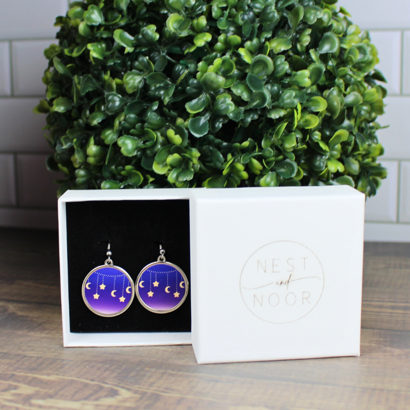 Round Earrings - Hanging Moon & Stars