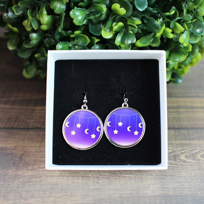 Round Earrings - Hanging Moon & Stars