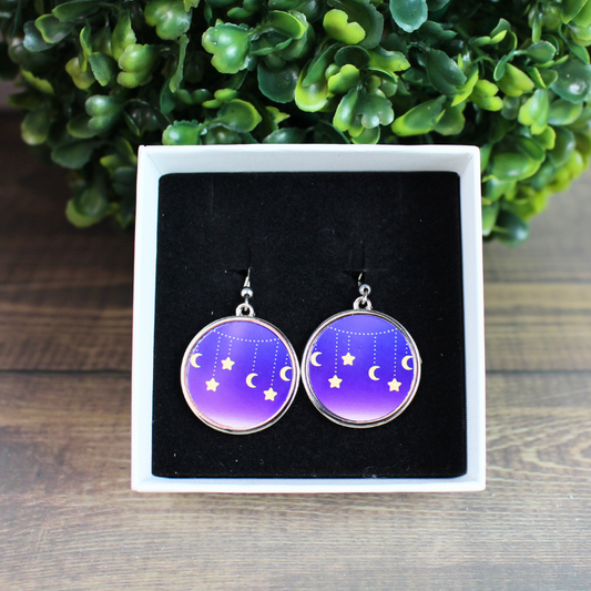 Hanging Moon & Stars Round Stainless Steel Earrings