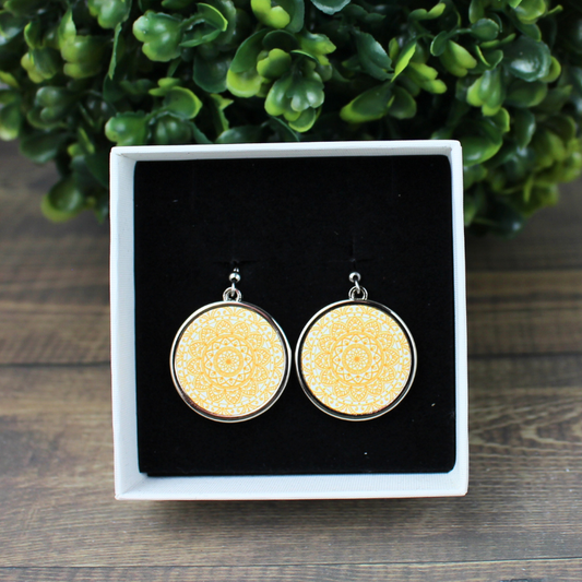 Mandala print round stainless steel drop earrings front view