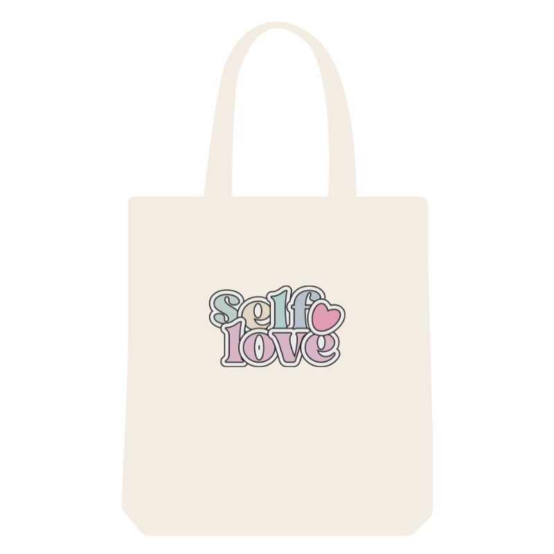 Reusable shopping tote bag with positive affirmation 'self love' design.
