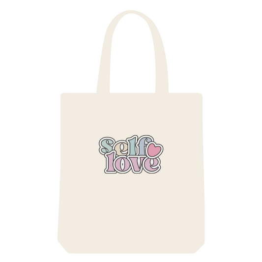Reusable shopping tote bag with positive affirmation 'self love' design.