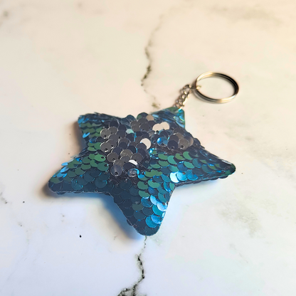 Blue and silver sequin flip sensory star keyring.