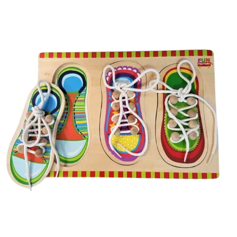 Fun Factory Shoe Lace Wooden Puzzle for Toddlers - Learn to Tie Laces Easily. Displayed flat on white background