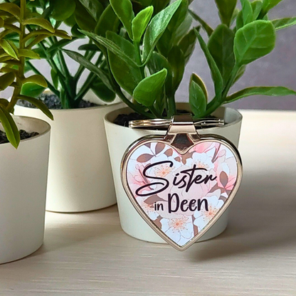 Metal heart-shaped keyring with floral Sister in Deen design. Cute Muslimah gift in Australia.